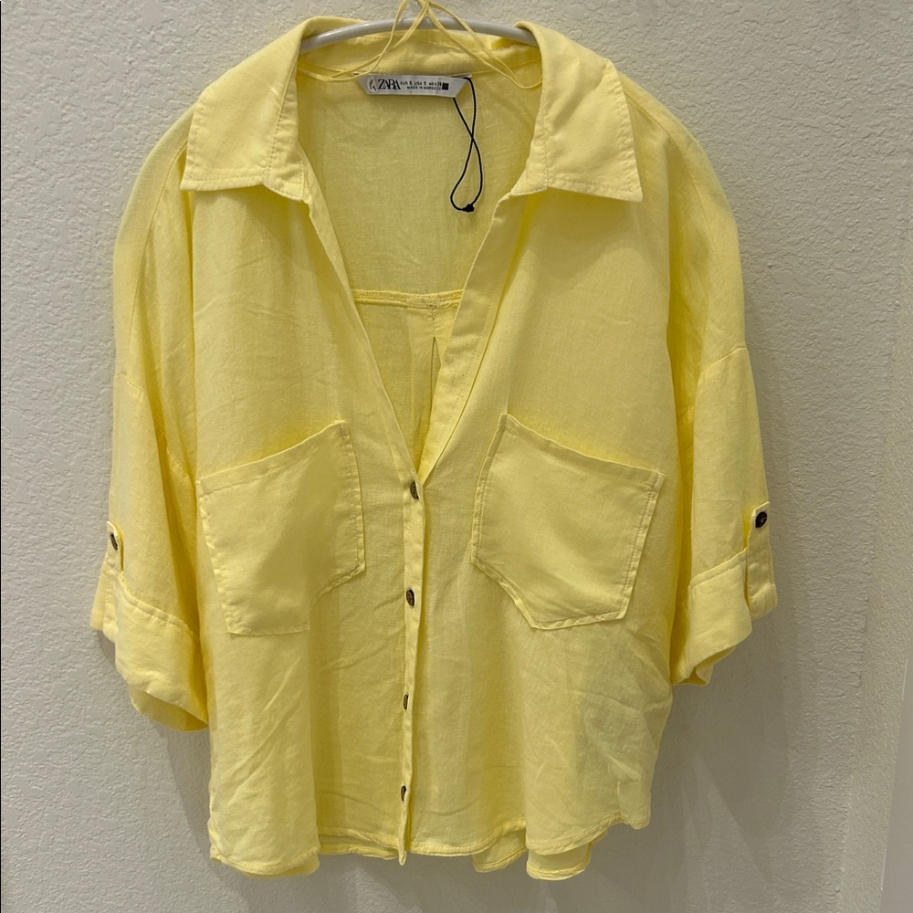 New! Zara Lightweight Yellow Button-Front Linen Shirt